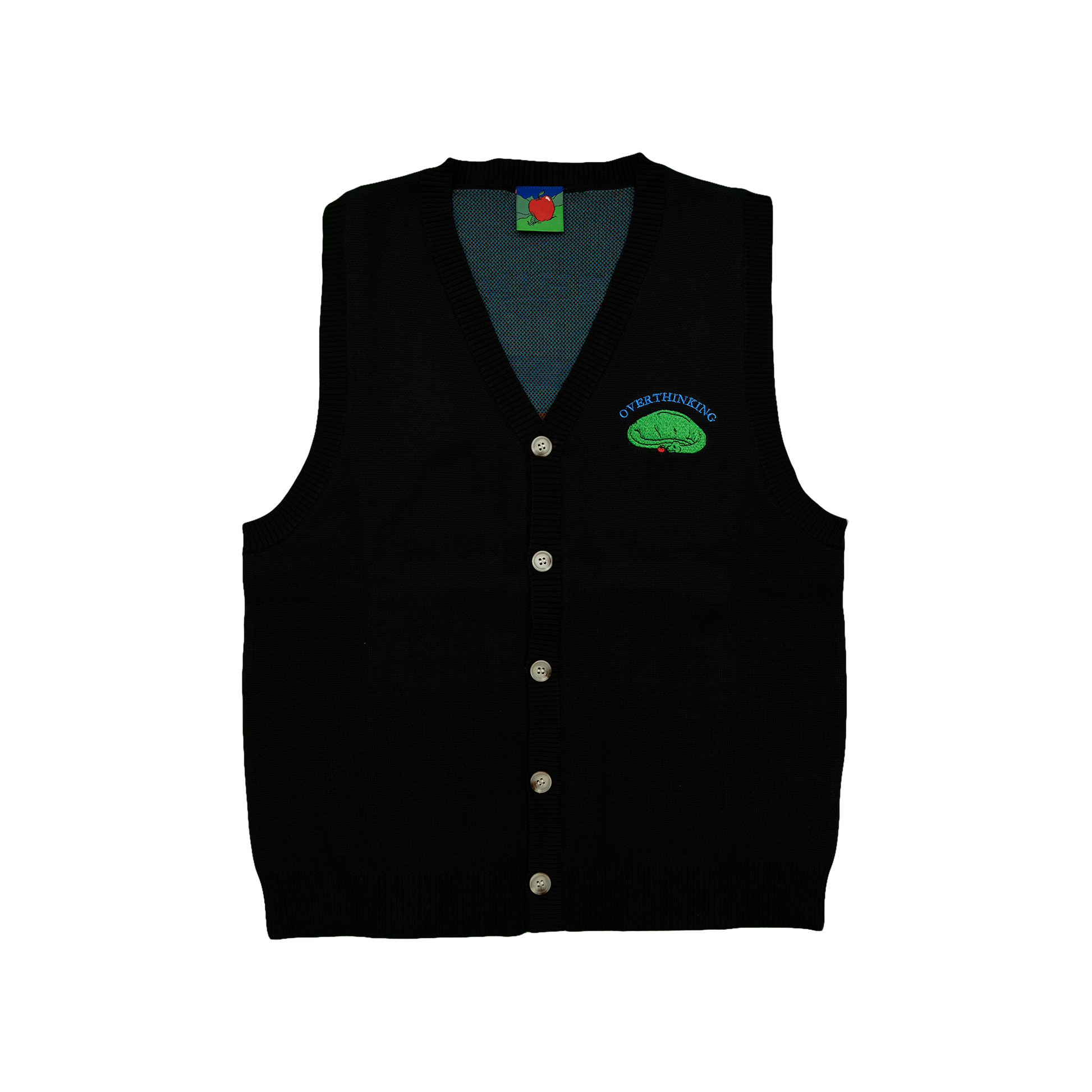 Pupik Overthinking knitted vest in black with front and back knit graphics.