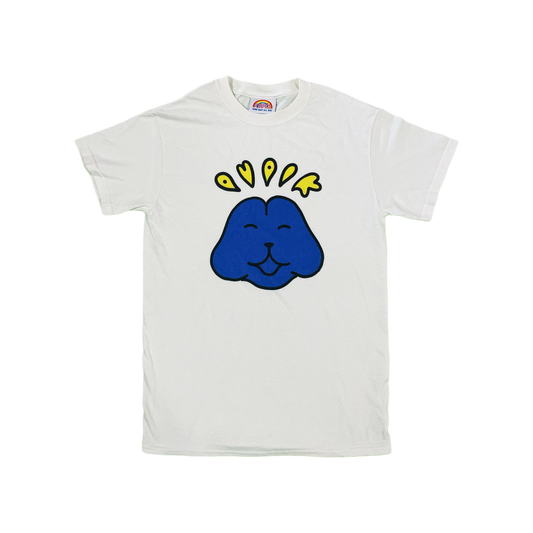 Pupik white T-shirt with a blue Pupik face graphic and yellow Pupik lettering printed on the front.