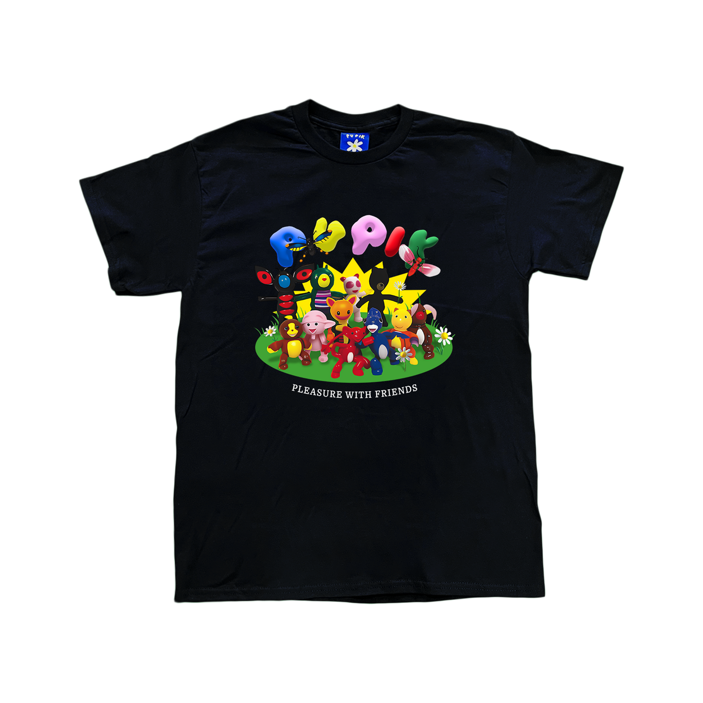 Pupik Pleasure With Friends T-Shirt — a white tee featuring a group of colorful surreal characters standing on green grass with flowers, the Pupik logo above them in balloon letters, and the text “Pleasure With Friends” below. Available in black and white.
