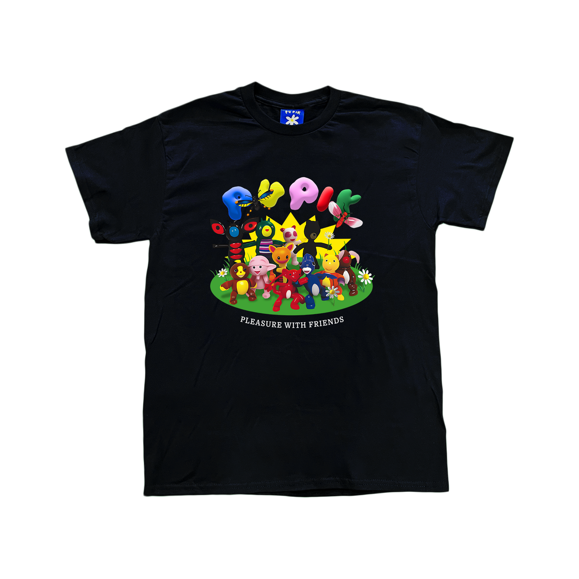 Pupik Pleasure With Friends T-Shirt — a white tee featuring a group of colorful surreal characters standing on green grass with flowers, the Pupik logo above them in balloon letters, and the text “Pleasure With Friends” below. Available in black and white.