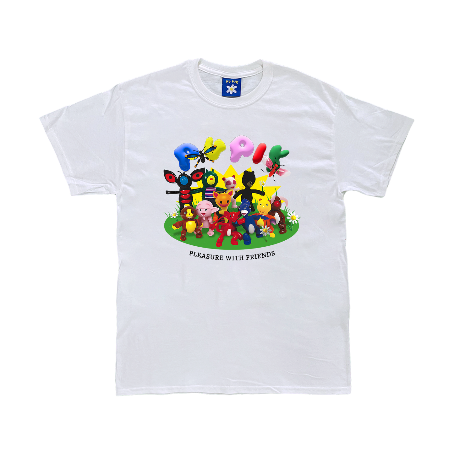 Pupik Pleasure With Friends T-Shirt — a white tee featuring a group of colorful surreal characters standing on green grass with flowers, the Pupik logo above them in balloon letters, and the text “Pleasure With Friends” below. Available in black and white.
