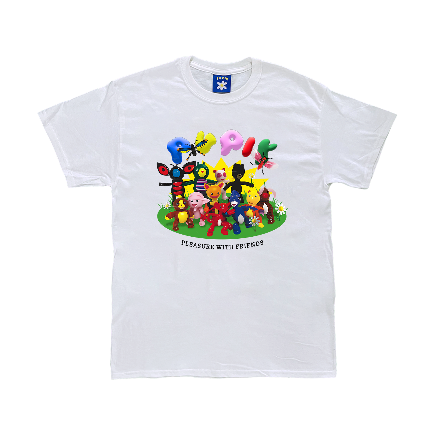 Pupik Pleasure With Friends T-Shirt — a white tee featuring a group of colorful surreal characters standing on green grass with flowers, the Pupik logo above them in balloon letters, and the text “Pleasure With Friends” below. Available in black and white.