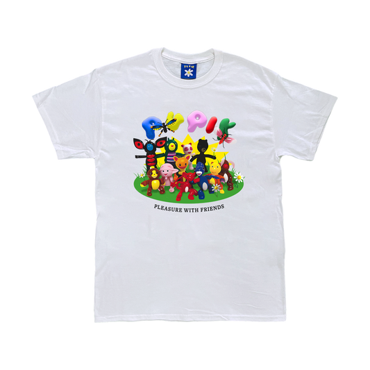 Pupik Pleasure With Friends T-Shirt — a white tee featuring a group of colorful surreal characters standing on green grass with flowers, the Pupik logo above them in balloon letters, and the text “Pleasure With Friends” below. Available in black and white.