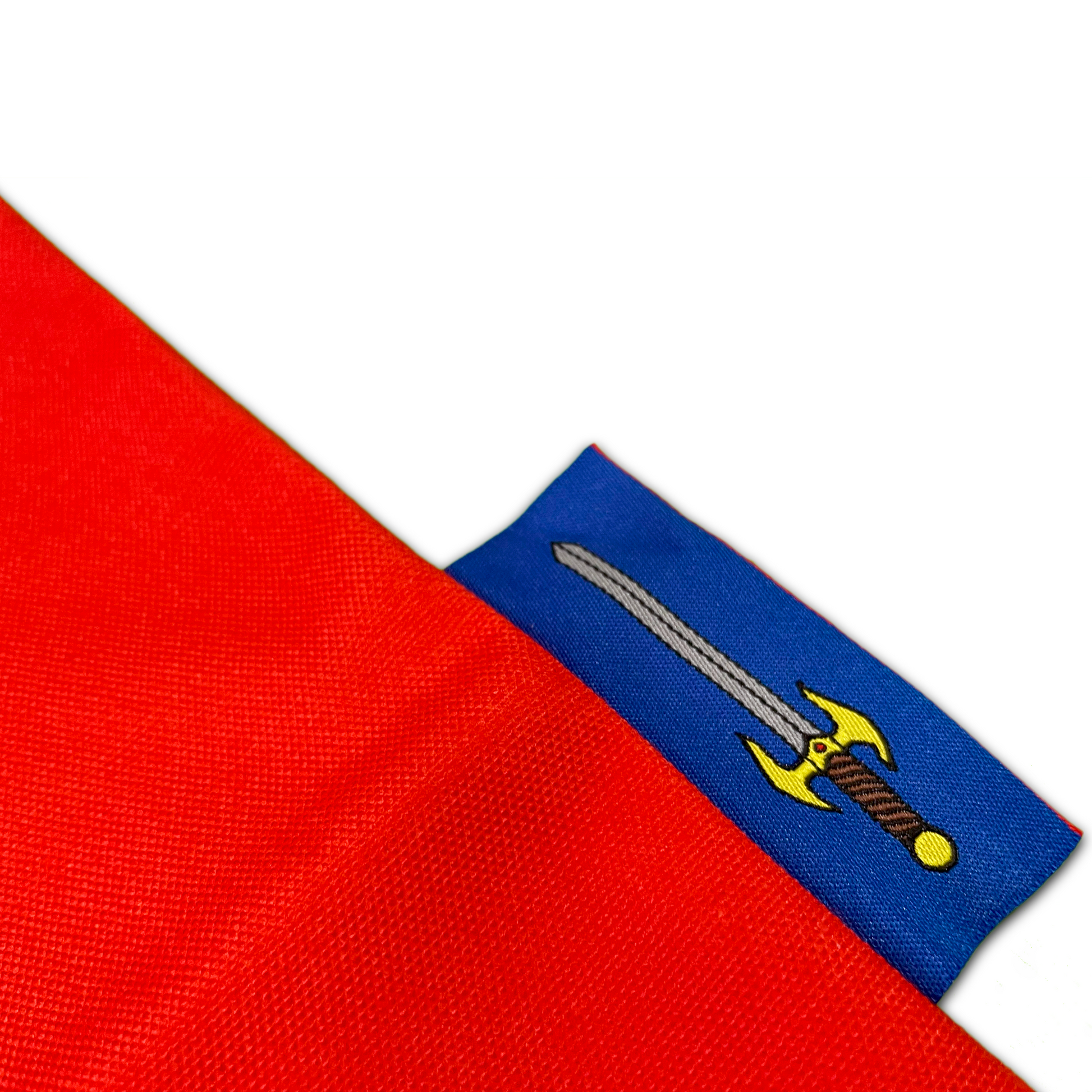 Close-up of Pupik Red Tote Bag side tag with sword design