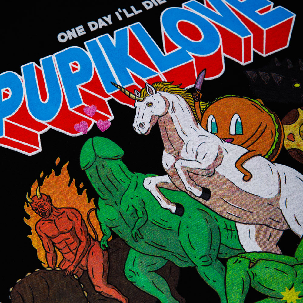 Colorful graphic with a unicorn, green creature, and red devil-like figure on a black background with 'PUPIKLOVE' text.