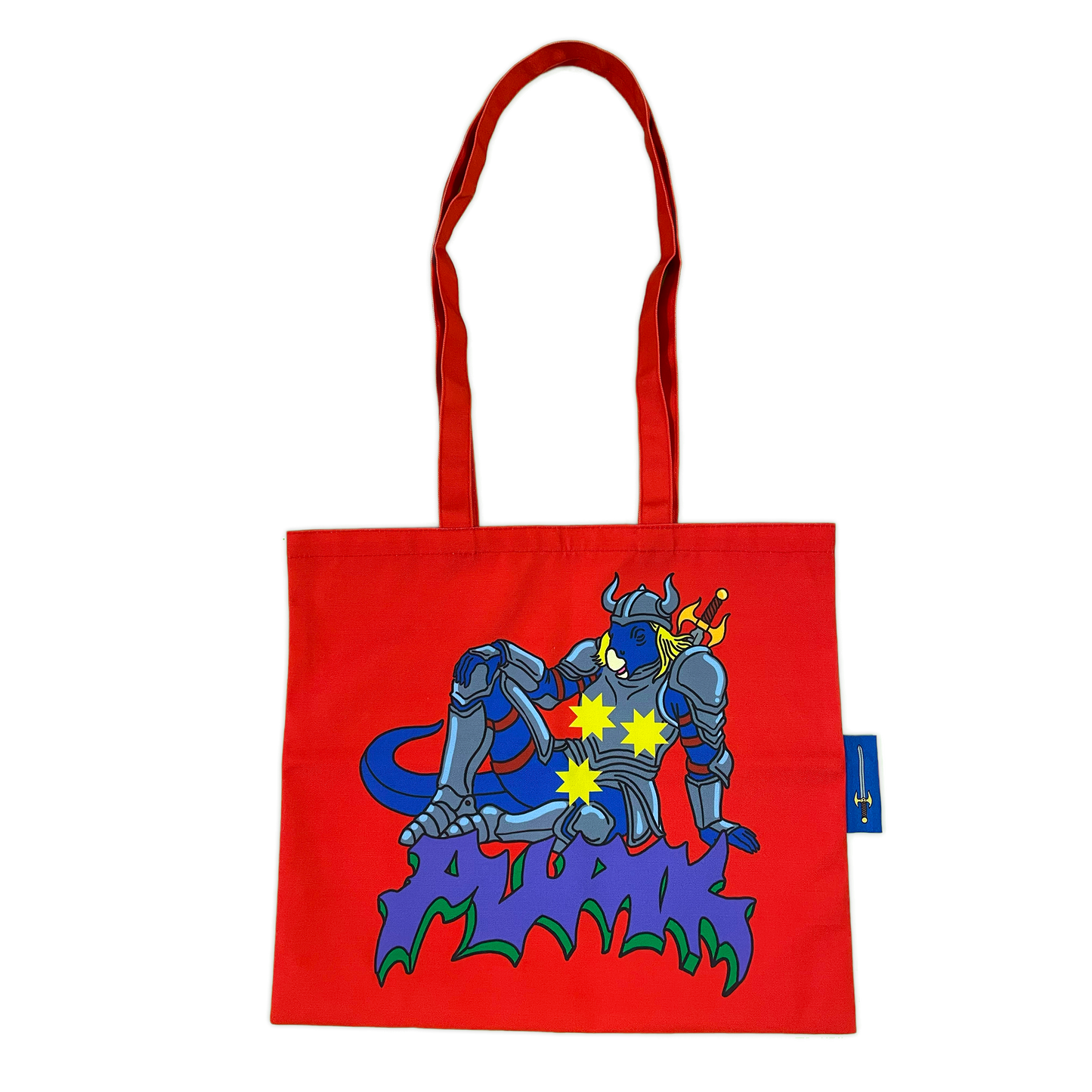 Pupik Red Tote Bag with blue knight design and side tag