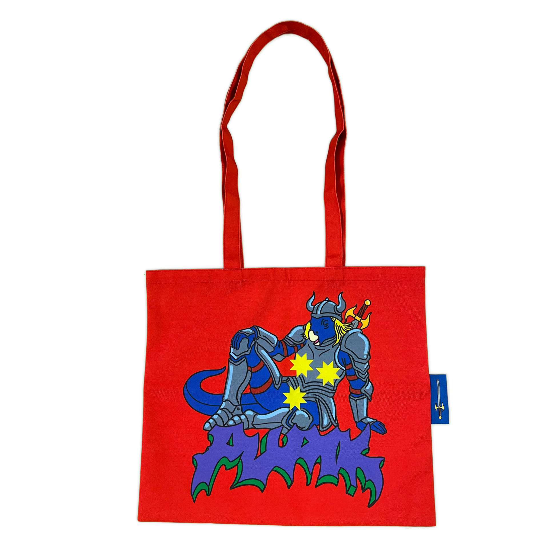Pupik Red Tote Bag with blue knight design and side tag