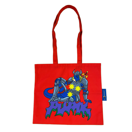 Pupik Red Tote Bag with blue knight design and side tag