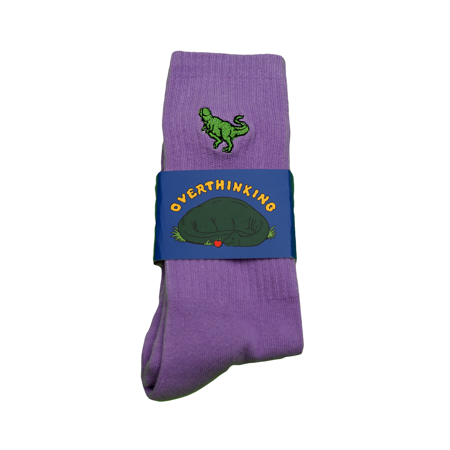 Purple socks with a small green Pupik embroidery and Overthinking packaging sleeve.