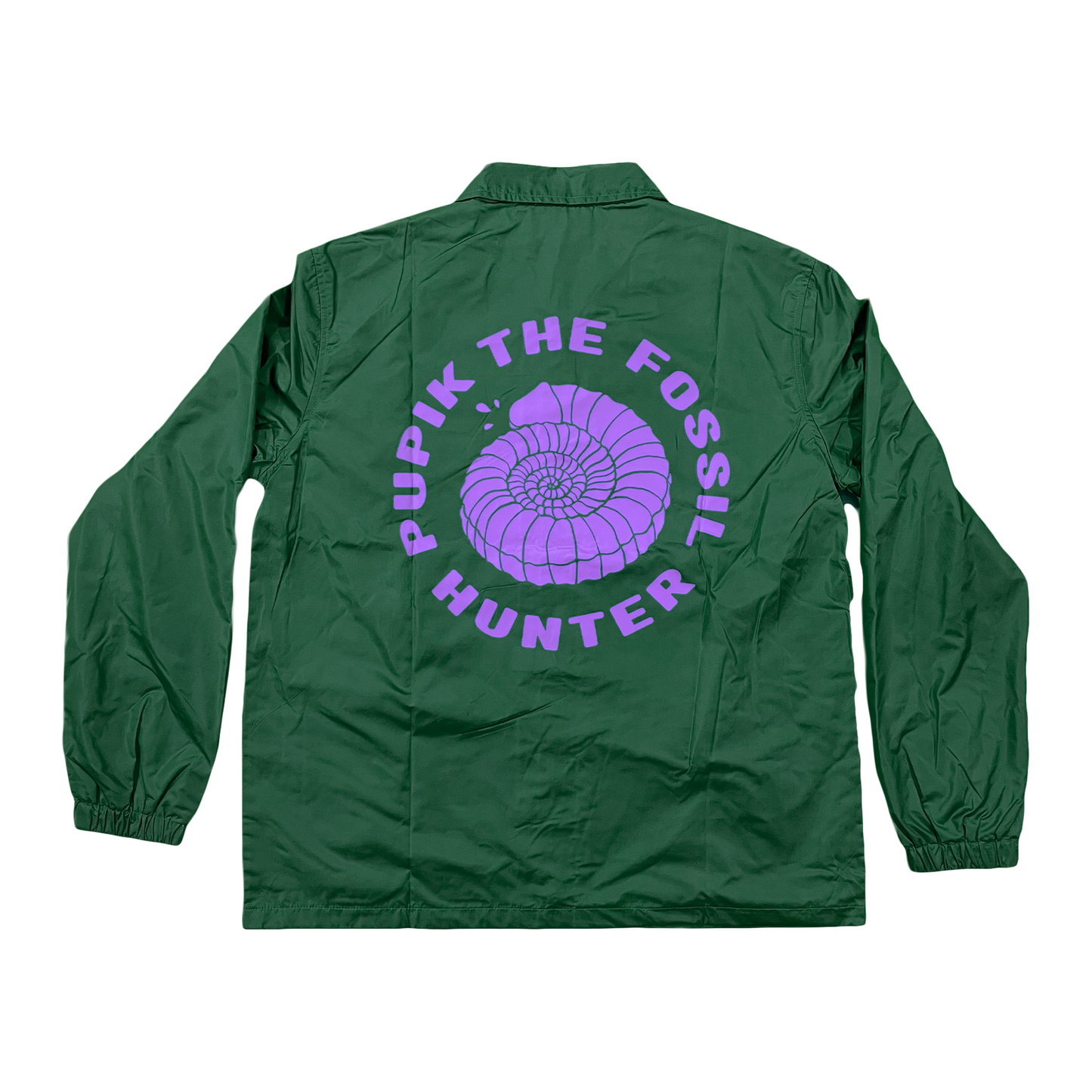 Back view of the Pupik green windbreaker with a large purple Pupik graphic and “Pupik The Fossil Hunter” text printed across the back.