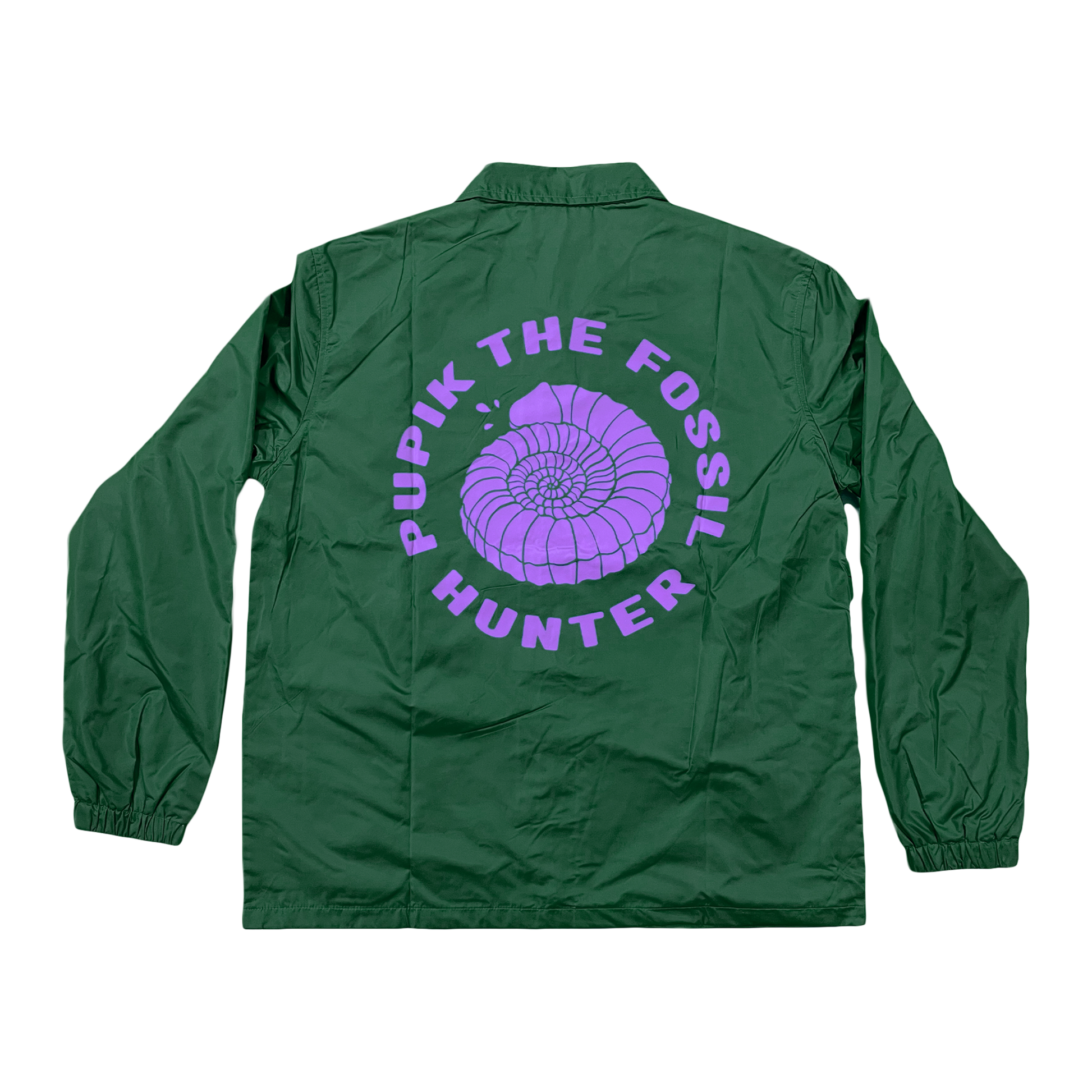 Back view of the Pupik green windbreaker with a large purple Pupik graphic and “Pupik The Fossil Hunter” text printed across the back.