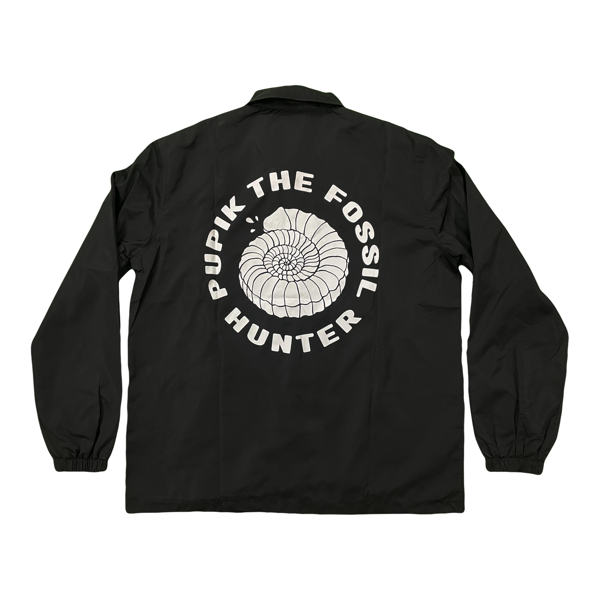 Pupik black windbreaker with a small white Pupik graphic printed on the back