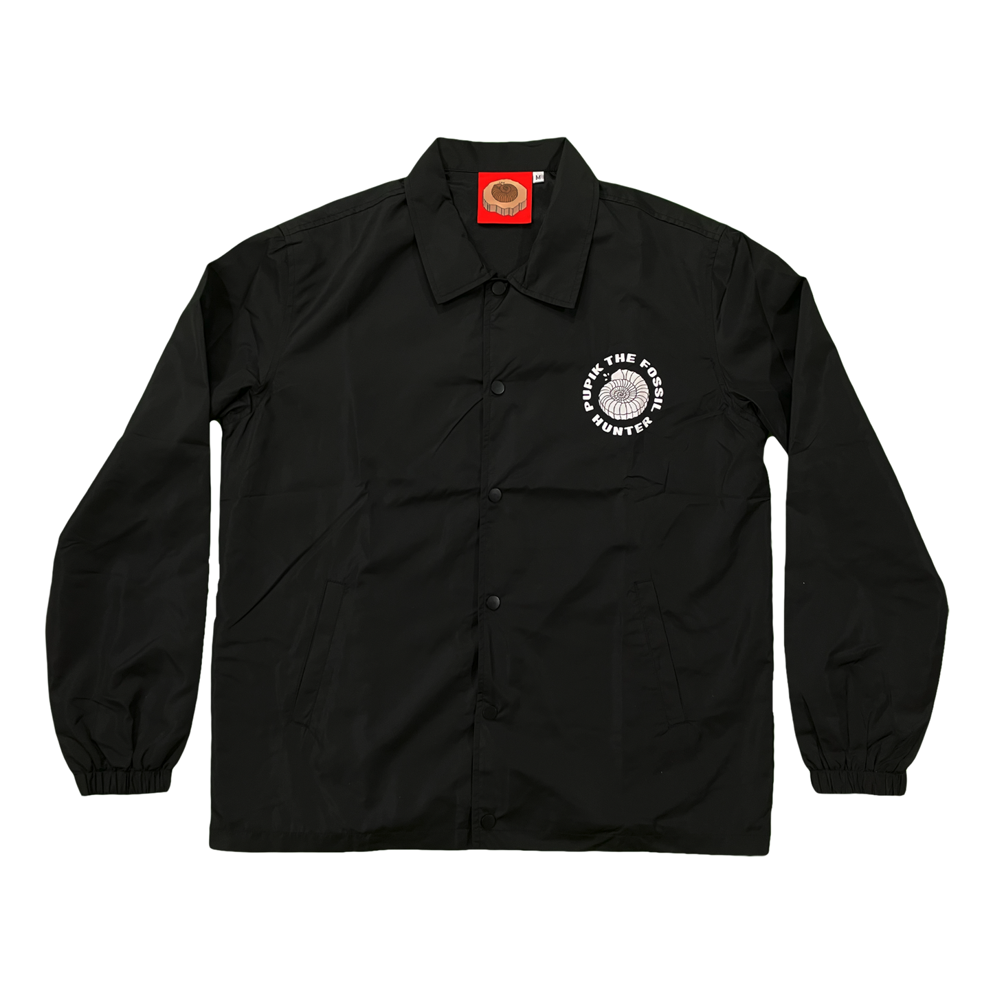 Pupik black windbreaker with a small white Pupik graphic printed on the left chest.