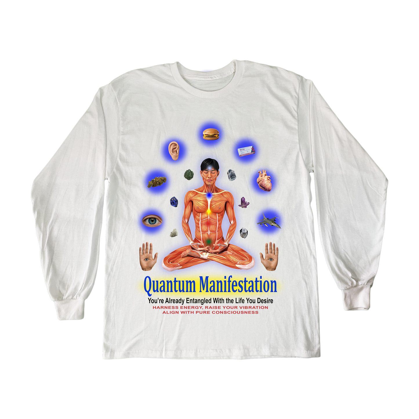 Pupik white long-sleeve shirt with a large Quantum Manifestation graphic printed on the front.