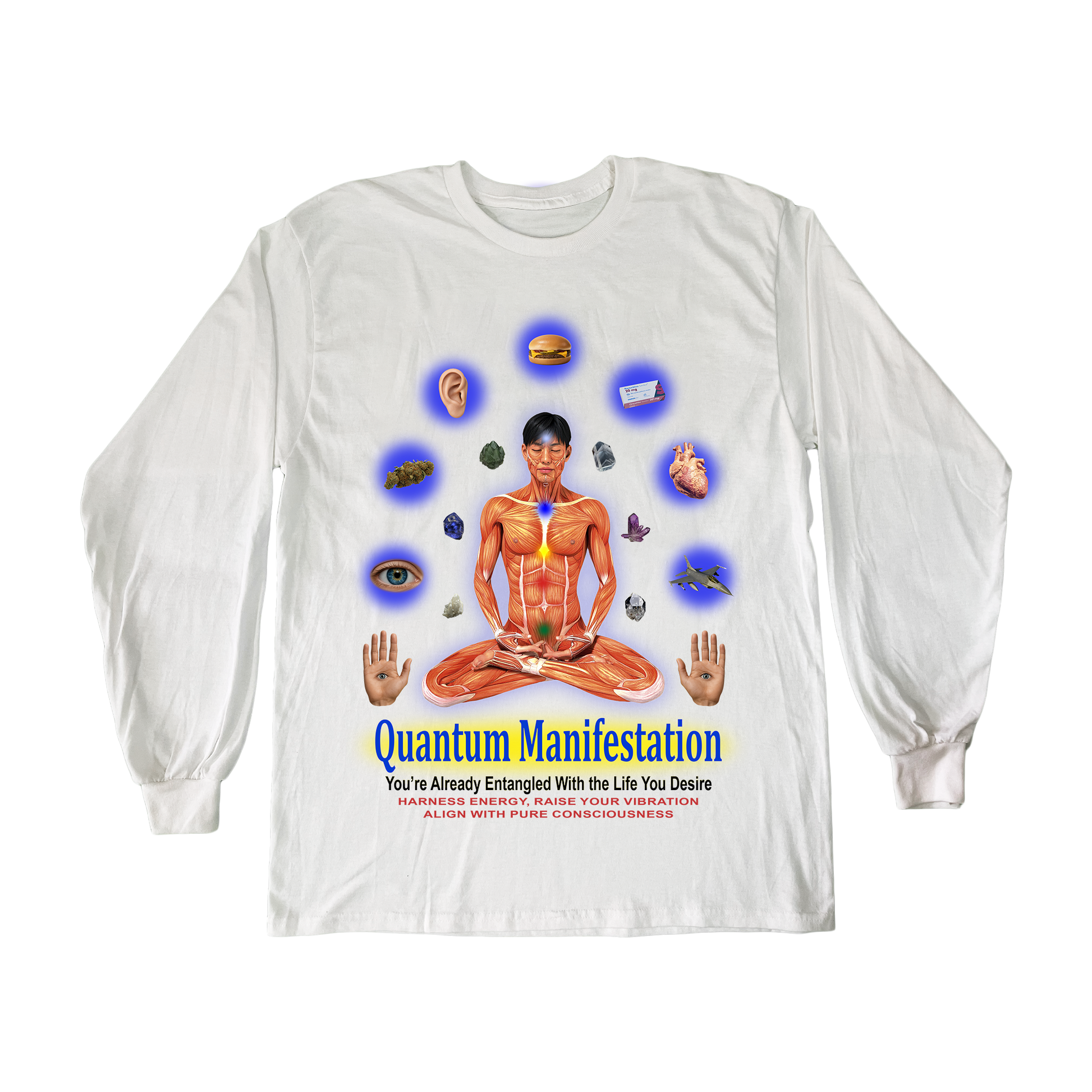 Pupik white long-sleeve shirt with a large Quantum Manifestation graphic printed on the front.