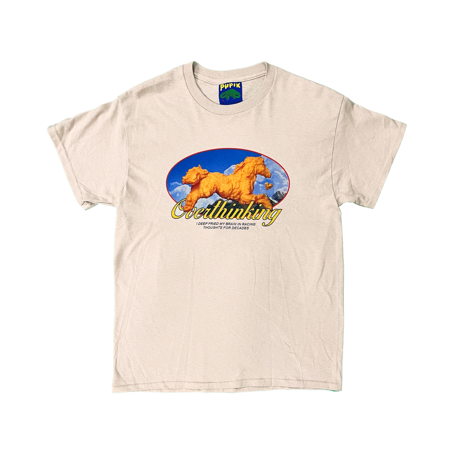 Pupik Racing Thoughts T-Shirt — front graphic in beige.