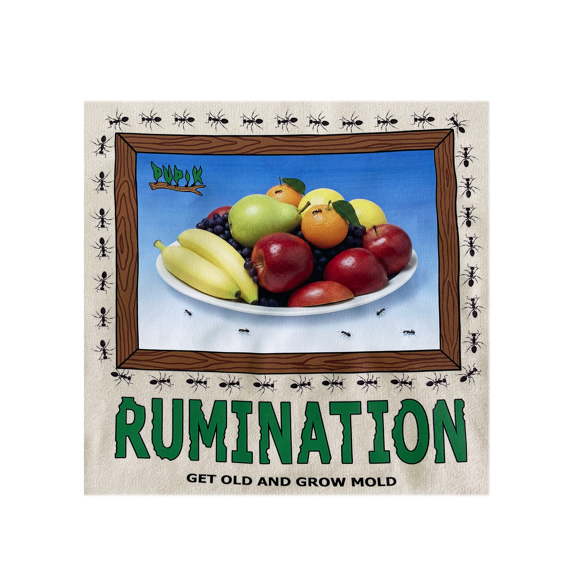 Antibacterial wall帖 with fruit illustration and humorous text on a white background