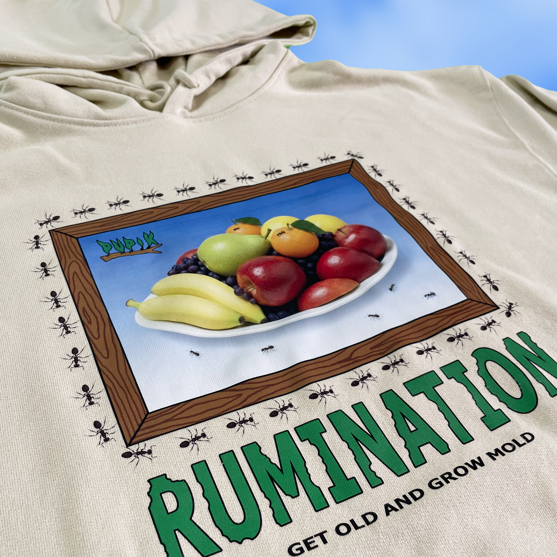 Beige hoodie with a graphic of fruits on a plate and ants, with text 'Rumination Get Old and Grow Mold' on a blue background.