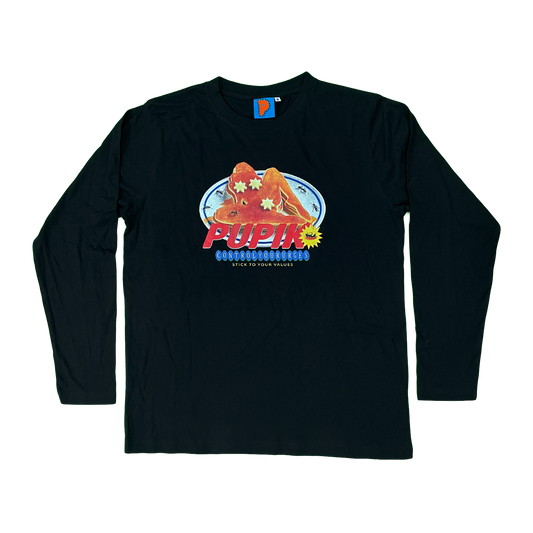 Pupik black long-sleeve shirt with a “Control Your Urges” Pupik graphic printed on the front.