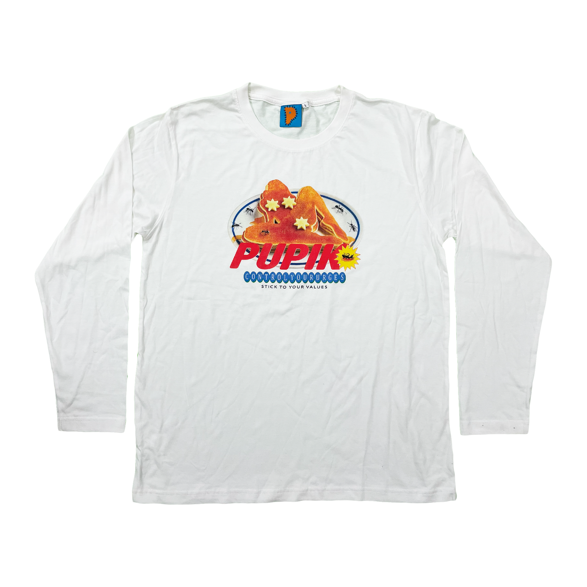 Pupik white long-sleeve shirt with a “Control Your Urges” Pupik graphic printed on the front.