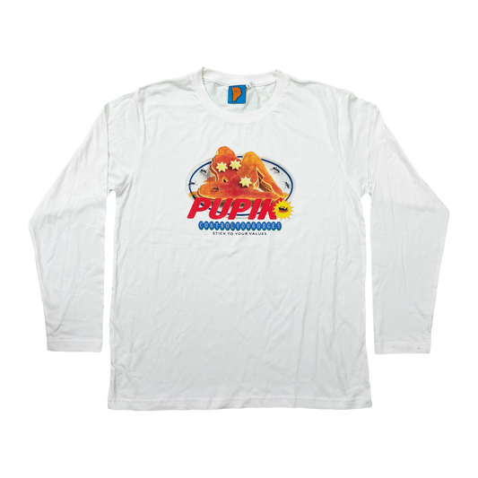 Pupik white long-sleeve shirt with a “Control Your Urges” Pupik graphic printed on the front.