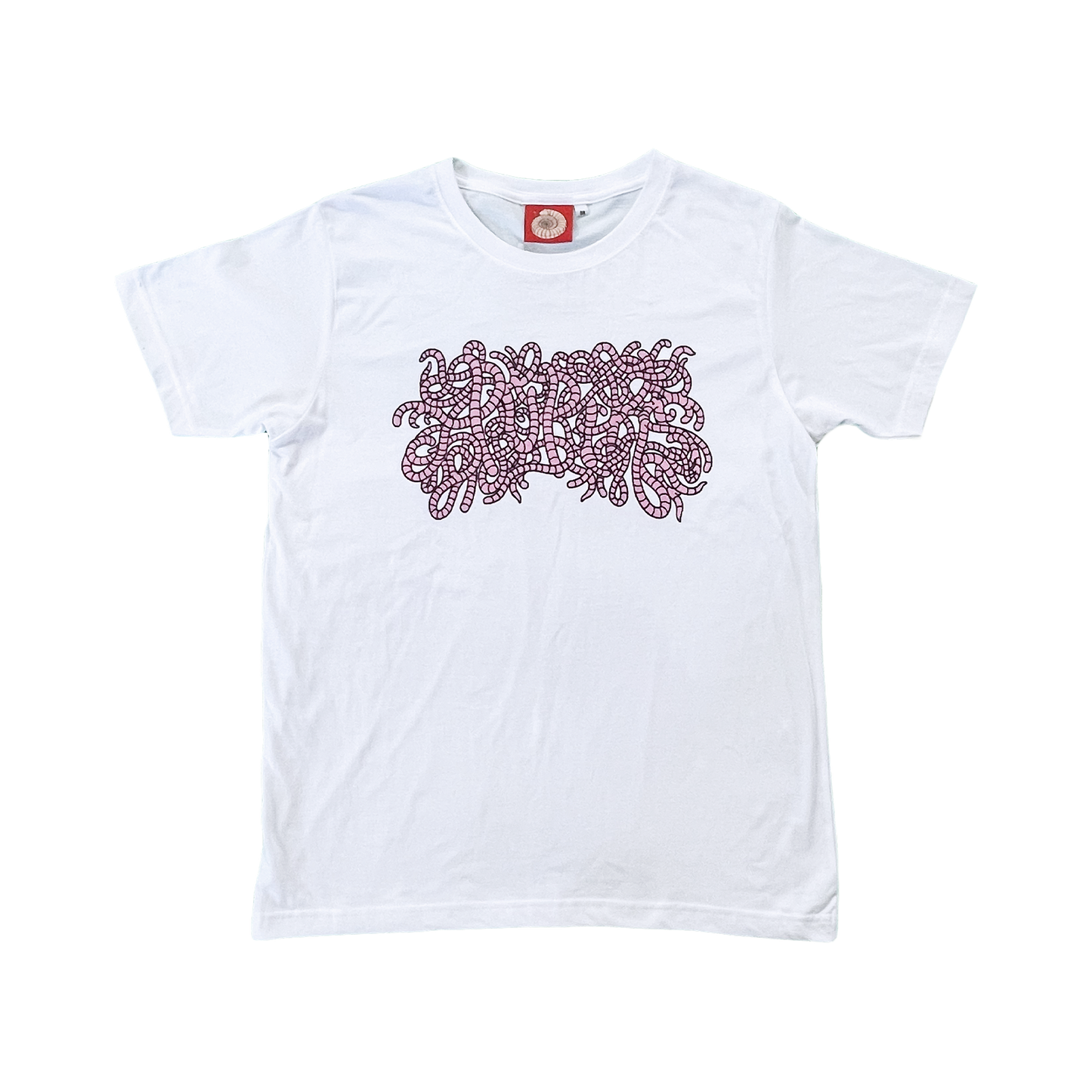 Pupik white T-shirt with a detailed purple Pupik graphic made of intertwined worm shapes on the front.