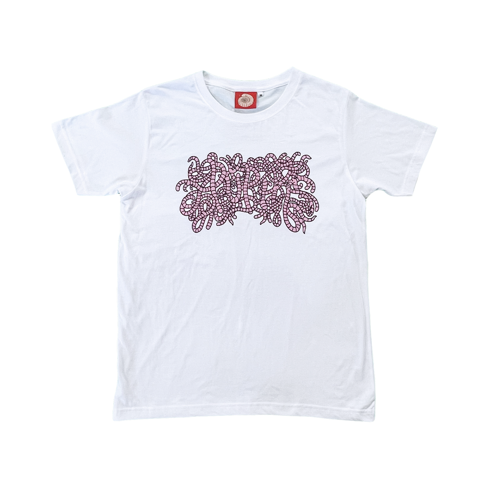 Pupik white T-shirt with a detailed purple Pupik graphic made of intertwined worm shapes on the front.