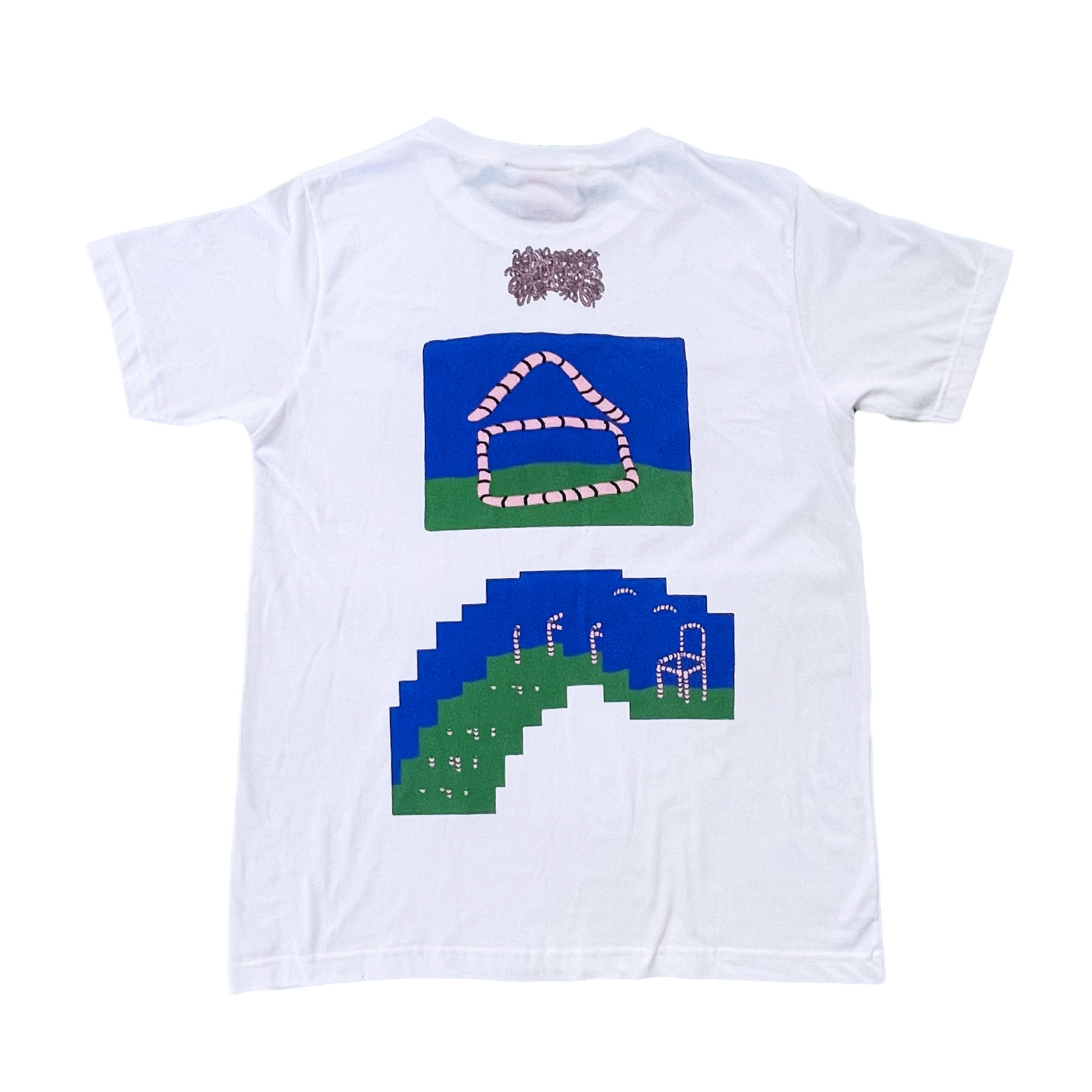 Pupik Worm House T-Shirt — white tee with front worm graphic and back worm-house illustrations.
