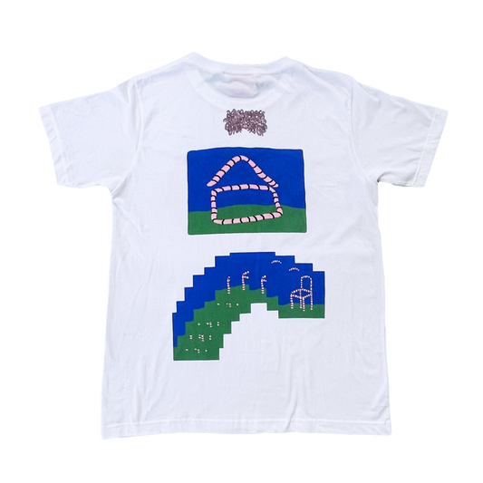 Pupik Worm House T-Shirt — white tee with front worm graphic and back worm-house illustrations.